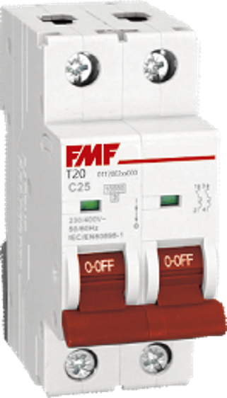 Mini Breaker termomagnético serie T20 2X10A, (10KA / 415V) (C) Marca FMF