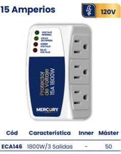 Protector de voltaje 15 amperios   1800W/3 salidas Marca Mercury
