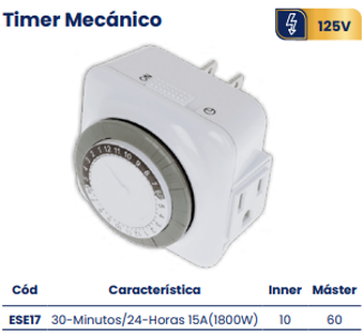 Timer mecánico 30-minutos/24-horas 120v 15a(1800w) Marca Mercury