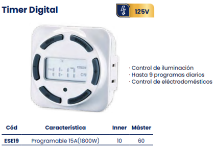 Timer digital 9 programas  120v 15a(1800w) Marca Mercury