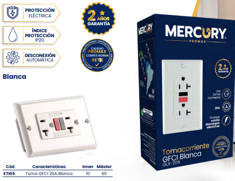 Toma gfci 20a blanca Marca Mercury