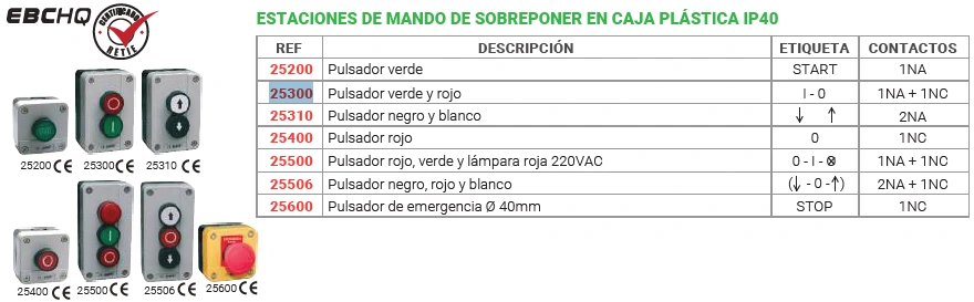 Estaciones de mando de sobreponer en caja plástica ip40 Contactos 1NA + 1NC Marca EBCHQ - Image 2