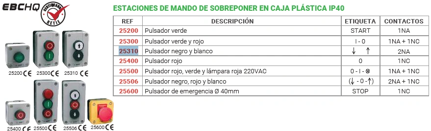 Estaciones de mando de sobreponer en caja plástica ip40 Contactos 2NA Marca EBCHQ - Image 2