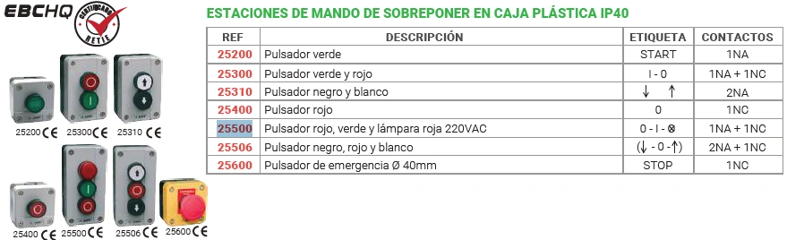 Estaciones de mando de sobreponer en caja plástica ip40 Contactos 1NA + 1NC Marca EBCHQ - Image 2