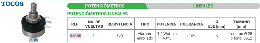 Potenciómetro lineal 1 vuelta 5 kΩ Marca TOCOS - Image 2