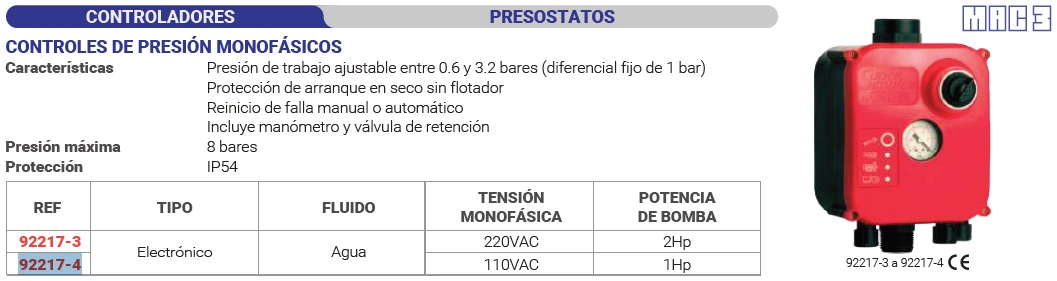 Controles de presión monofásicos 220VAC Potencia Bomba 2Hp Marca MAC3 - Image 2