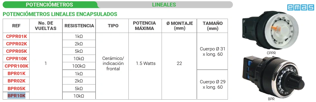 Potenciómetro lineale encapsulado 10 kΩ Marca EMAS - Image 2