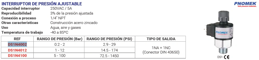 Interruptor de presión ajustable Bar 0.2 - 2 Psi 2.9 - 29 Marca PNOMEK - Image 2