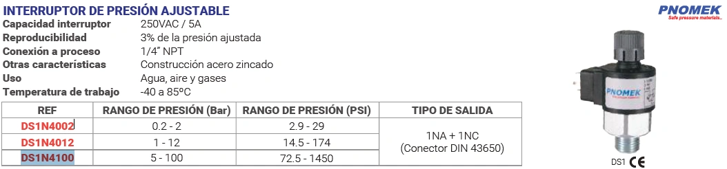 Interruptor de presión ajustable Bar 5 - 100 Psi 72.5 - 1450 Marca PNOMEK - Image 2