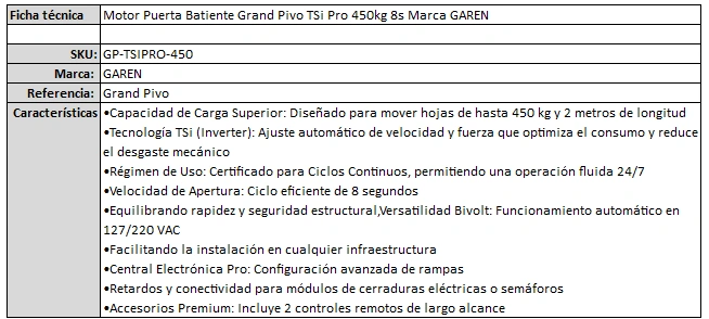 Motor Puerta Batiente Grand Pivo TSi Pro 450kg 8s Marca GAREN - Image 2