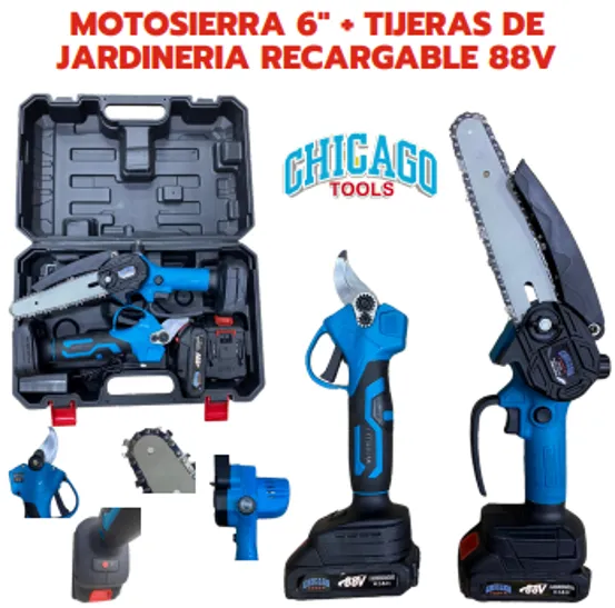 Motosierra 6" + tijeras de jardinería recargable 88v Marca Chicago Power professional