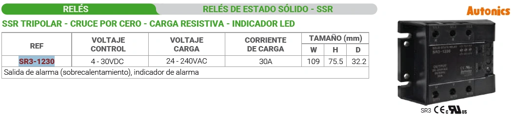 Ssr tripolar -30A - cruce por cero - carga resistiva - indicado Led Marca AUTONICS - Image 2