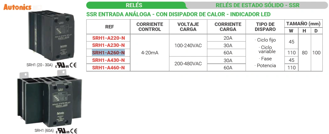 Ssr entrada análoga - 60A - con disipador de calor - indicador Led Marca AUTONICS - Image 2