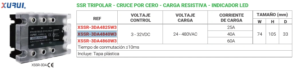 Ssr tripolar - 40A - cruce por cero - carga resistiva - indicado Led Marca XURUI - Image 2
