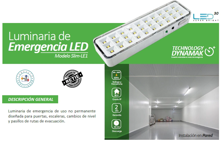 Lámpara de Emergencia Ajustable SLIM-LE1 Serie C LED 0,6 a 1,2 W / 24Horas, a pared/ Mrc. Lu Marca Lumek