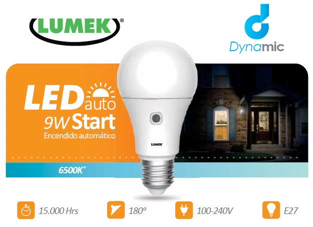 Bombillo LED Auto Start / 9W 6500K, con sensor de luminosidad 180°. Marca Lumek