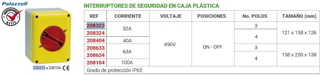 Interruptor de seguridad en caja plástica 32a/ 690v 3 polos tamaño 158 x 250 x 138 Marca PALAZZOLI - Image 2