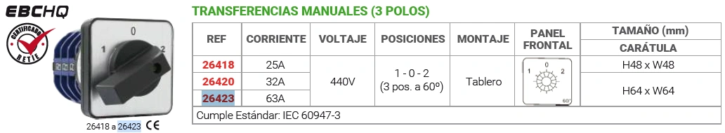 Transferencia manual (3 polos) 63a posiciones 1 - 0 - 2 a tablero Marca EBCHQ - Image 2