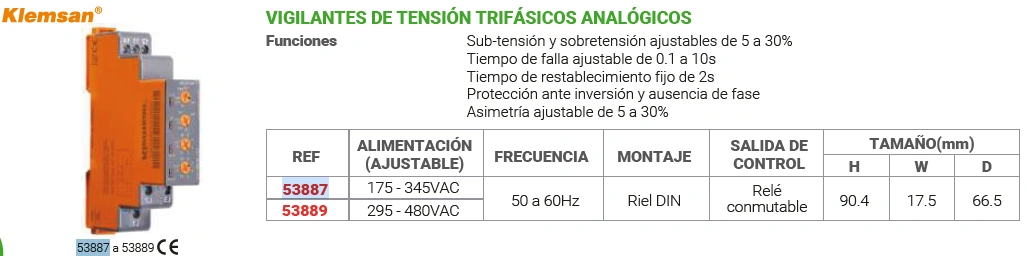 Vigilante de tensión trifásicos analógicos 175 - 345VAC Marca KLEMSAN - Image 2