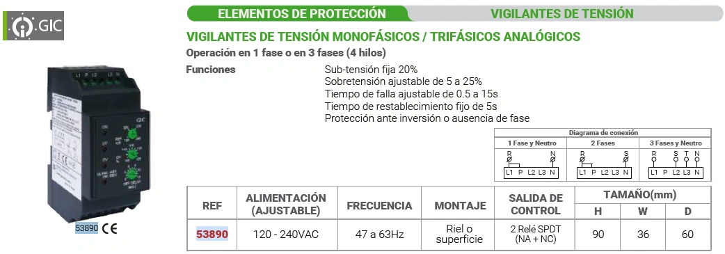 Vigilante de tensión monofásico / trifásico analógica operación en 1 fase o en 3 fases (4 hilos) Marca GIC - Image 2