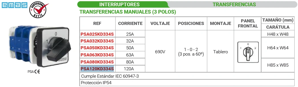 Transferencia manual (3 polos) 120a posiciones 1 - 0 - 2 a tablero ip54 Marca EMAS - Image 2